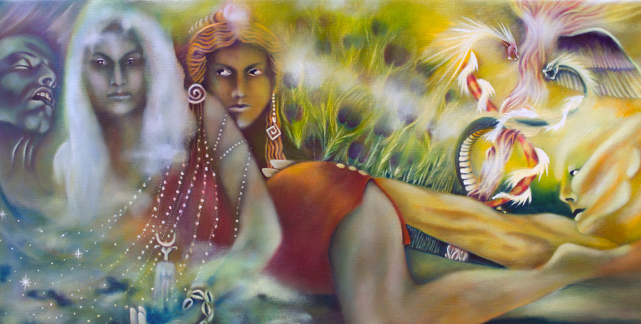 Zeus Io. Io was, in Greek mythology, a priestess of Hera in Argos. Seduced by Zeus, he changed her into a heifer to escape detection. His wife Hera sent ever-watchful Argus with 100 eyes to guard her, but Hermes was sent to distract the guardian and slay him. Oil on canvas, 24 inches by 48 inches, 2011