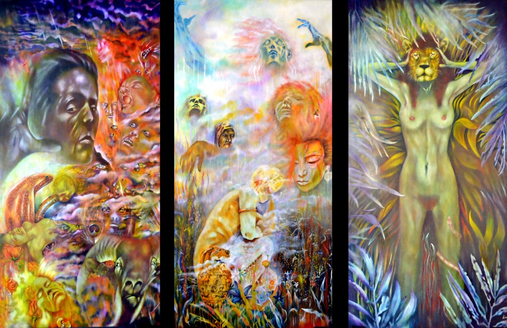 Minneapolis Artist, Minneapolis visual artist Roger Williamson. Minneapolis visual artists, Minnesota visual artist,Minnesota visual artists,Fall-Man a triptych of three 8 foot by 4 foot oil on wood panels, 2012/2013. Left Panel Fall: Paradise is for those who do what they are told Reaching for the serpent of wisdom and knowledge the seeker awakens the suppressed aspects of the self. The awakened individual becomes alert to all the previously suppressed personalities and potentials.  We wake up through escaping from the prison of religion and societies values. At the bottom left is our deepest sense of being.  It is awakening from sleep symbolized by the figure’s necklace that is Kephera, the Ancient Egyptian Sun at Night, that forces the Sun to rise at dawn.  On the bottom right of the work we can see the sleeper is guarded by the Goat of Mendes.Center Panel Anesidora Anesidora, she who sends up gifts, is a title of the Greek Pandora.   It is she who releases man’s opportunities, the challenges we need to overcome, from the vase given to her by the Gods.,Right Panel She Enters Her Dream And Takes Back Her Mask Of Power What we need we find within.outsider art