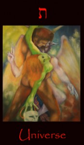 Tarot Universe, equilibrium of opposing forces. This god of the universe, is depicted by the central two figures pushing against each other to maintain stability. . Tarot Universe, major arcana tarot card. Corresponding to the qualities of the planet Saturn