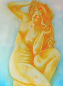 Greek Aphrodite of Rhodes inspired by Inspired by the statue Aphrodite of Rhodes, in the Archeological Museum of Rhodes, Greece. Oil on canvas 24 inches by 18 inches , 2015. Aphrodite is depicted in yellows and orange, against a light blue, white back ground. 