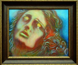 Dead Orpheus,Greek mythology,death,. Dead Orpheus by Minneapolis artist Roger Williamson, oil on canvas. Depicts Orpheus slipping on the ocean currents to Lesbos.