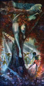 Daemon spirit, an original fine art oil painting by symbolic visual artist Roger Williamson. Asini Greece.