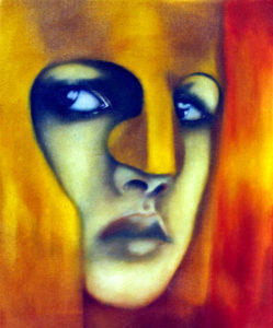Young Athena by Minneapolis visual artist Roger Williamson. The painting depicts a head shot of young Athena as a helmeted warrior, one ready for action